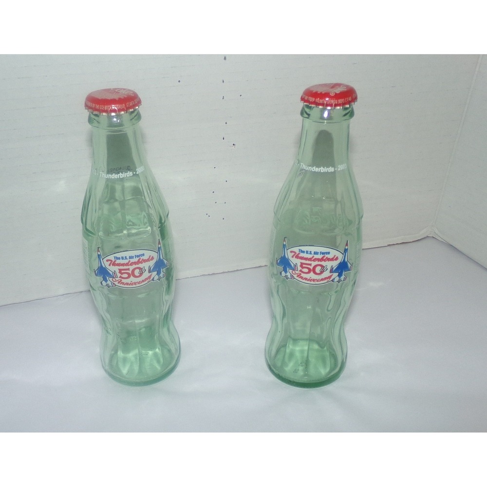 Vintage Coca-Cola USAF Thunderbirds 50th Anniversary Glass Bottles Set of 2 2003